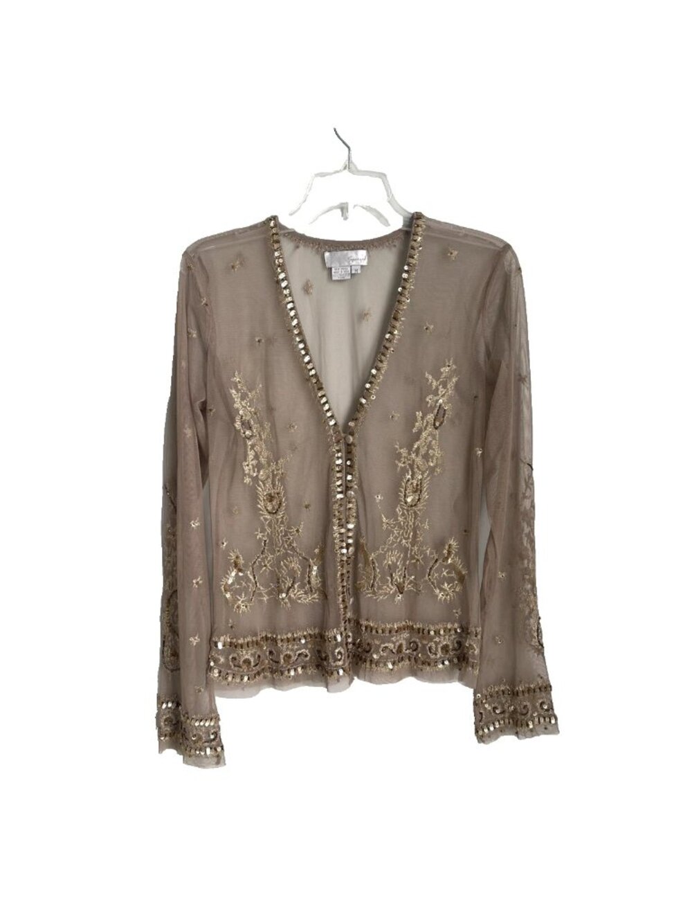 Spiegel Vtg Gold Sheer Mesh Embellished Embroidered V-Neck Long Sleeve Top Y2K